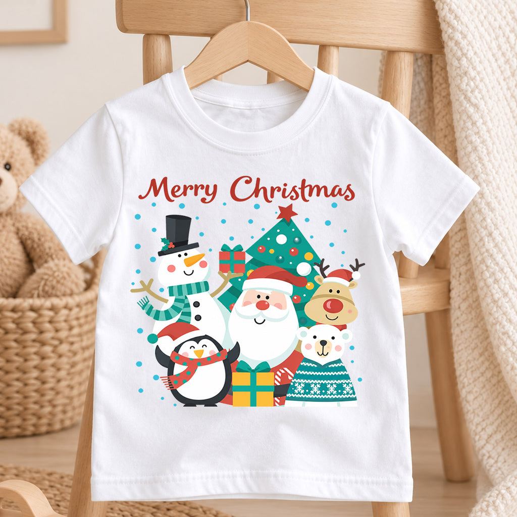 Merry Christmas Kids Shirt, Santa Snowman Reindeer Penguin Holiday Tee, Cute Christmas Character T Shirt, Xmas Gift for Kids — product view 4