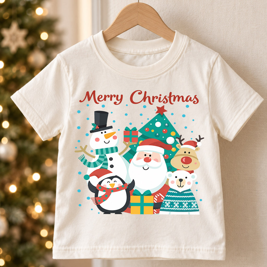 Merry Christmas Kids Shirt, Santa Snowman Reindeer Penguin Holiday Tee, Cute Christmas Character T Shirt, Xmas Gift for Kids — product view 5