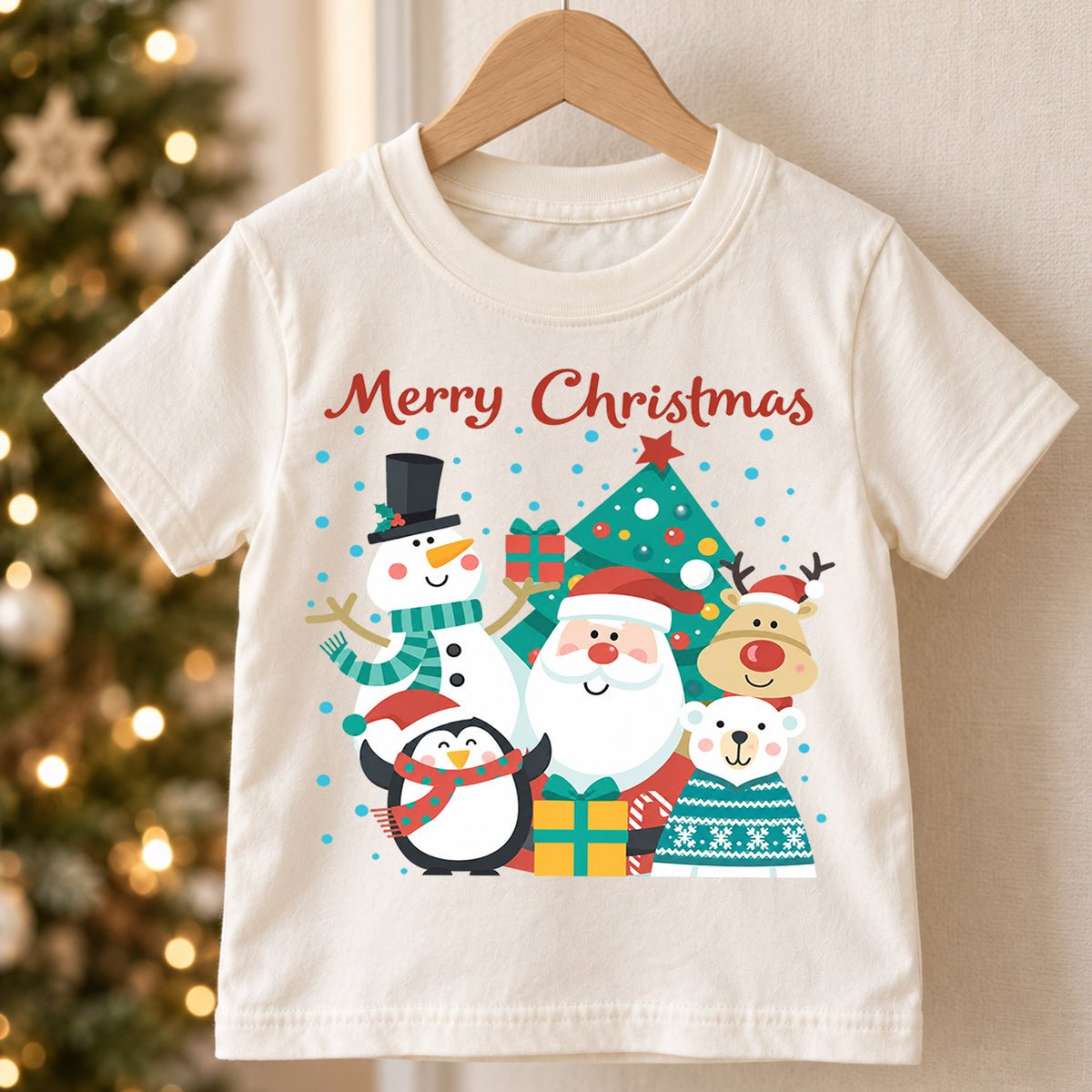 Merry Christmas Kids Shirt, Santa Snowman Reindeer Penguin Holiday Tee, Cute Christmas Character T Shirt, Xmas Gift for Kids — product view 5