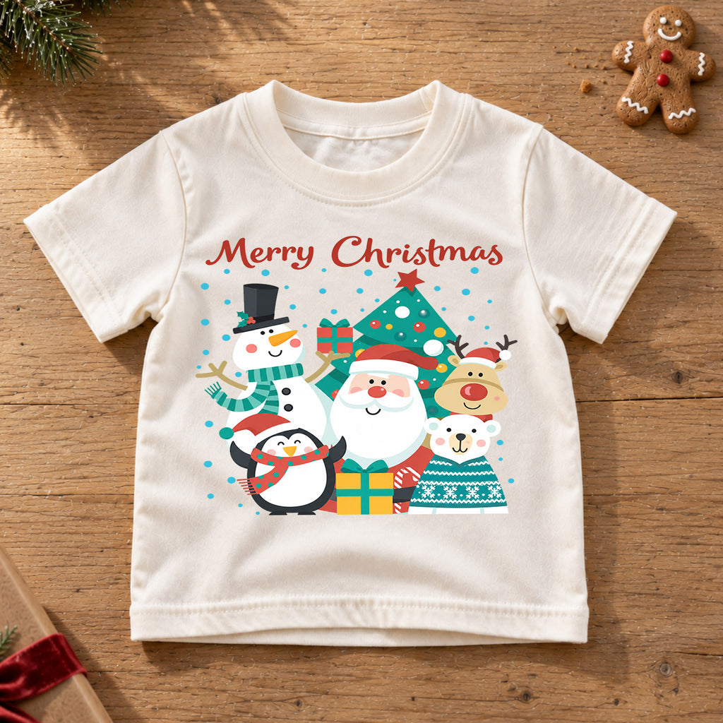 Merry Christmas Kids Shirt, Santa Snowman Reindeer Penguin Holiday Tee, Cute Christmas Character T Shirt, Xmas Gift for Kids — product view 6