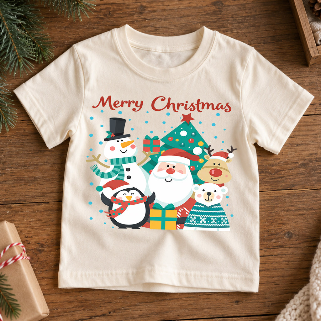 Merry Christmas Kids Shirt, Santa Snowman Reindeer Penguin Holiday Tee, Cute Christmas Character T Shirt, Xmas Gift for Kids — product view 7