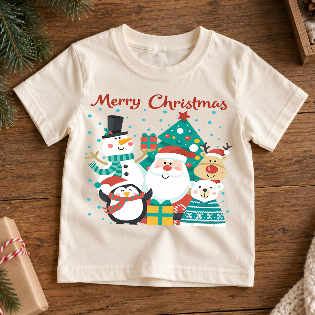 Merry Christmas Kids Shirt, Santa Snowman Reindeer Penguin Holiday Tee, Cute Christmas Character T Shirt, Xmas Gift for Kids — product view 7