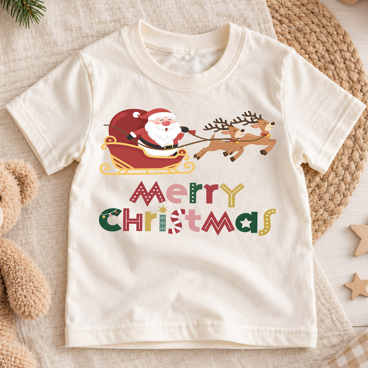 Santa Sleigh Kids Christmas Shirt, Reindeer Holiday T Shirt, Merry Christmas Tee for Children, Cute Festive Xmas Gift for Kids — product view 1