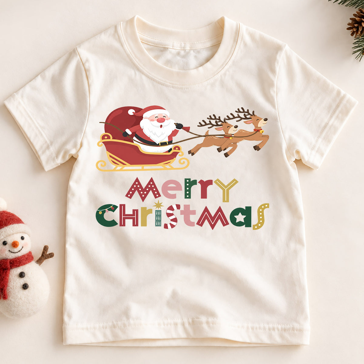 Santa Sleigh Kids Christmas Shirt, Reindeer Holiday T Shirt, Merry Christmas Tee for Children, Cute Festive Xmas Gift for Kids — product view 2