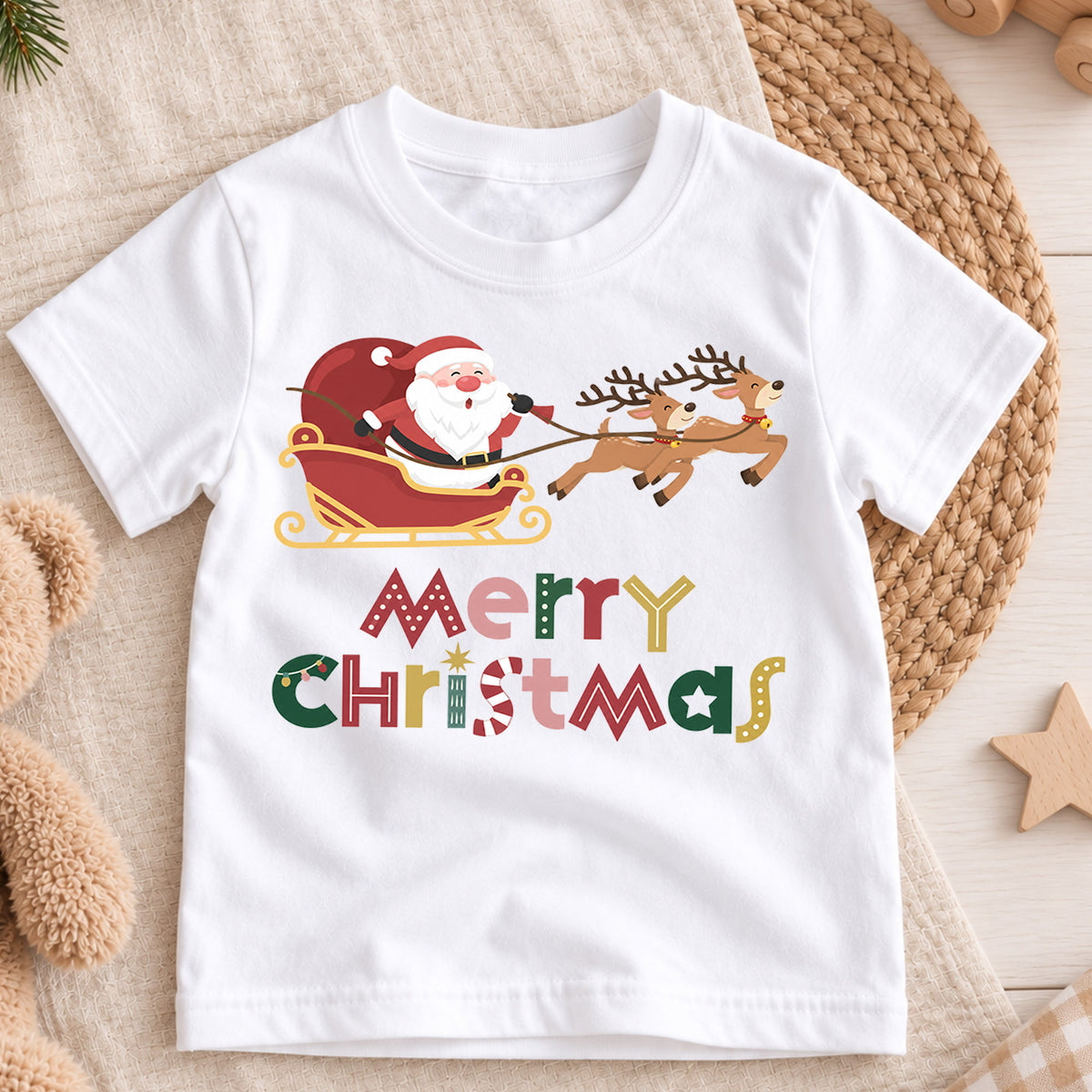 Santa Sleigh Kids Christmas Shirt, Reindeer Holiday T Shirt, Merry Christmas Tee for Children, Cute Festive Xmas Gift for Kids — product view 3