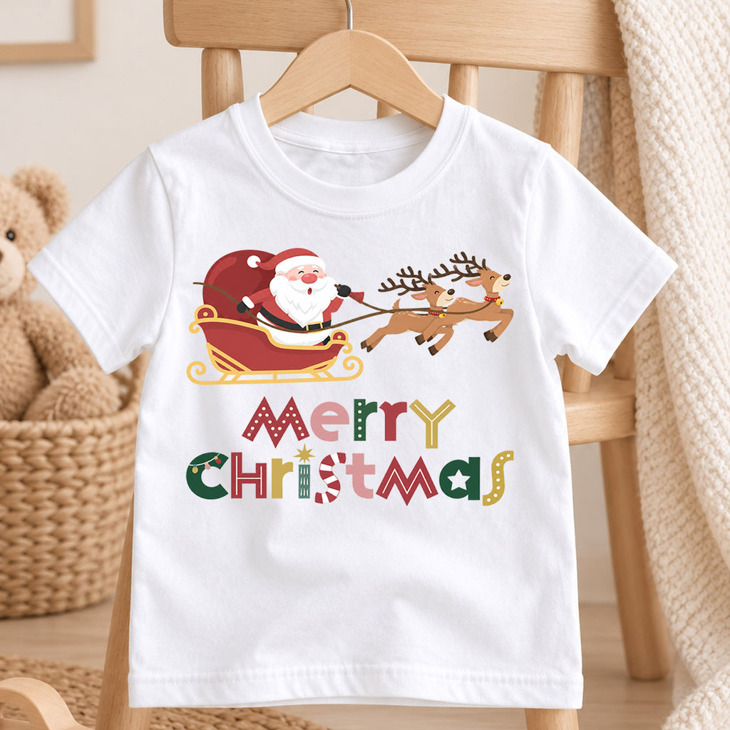 Santa Sleigh Kids Christmas Shirt, Reindeer Holiday T Shirt, Merry Christmas Tee for Children, Cute Festive Xmas Gift for Kids — product view 4