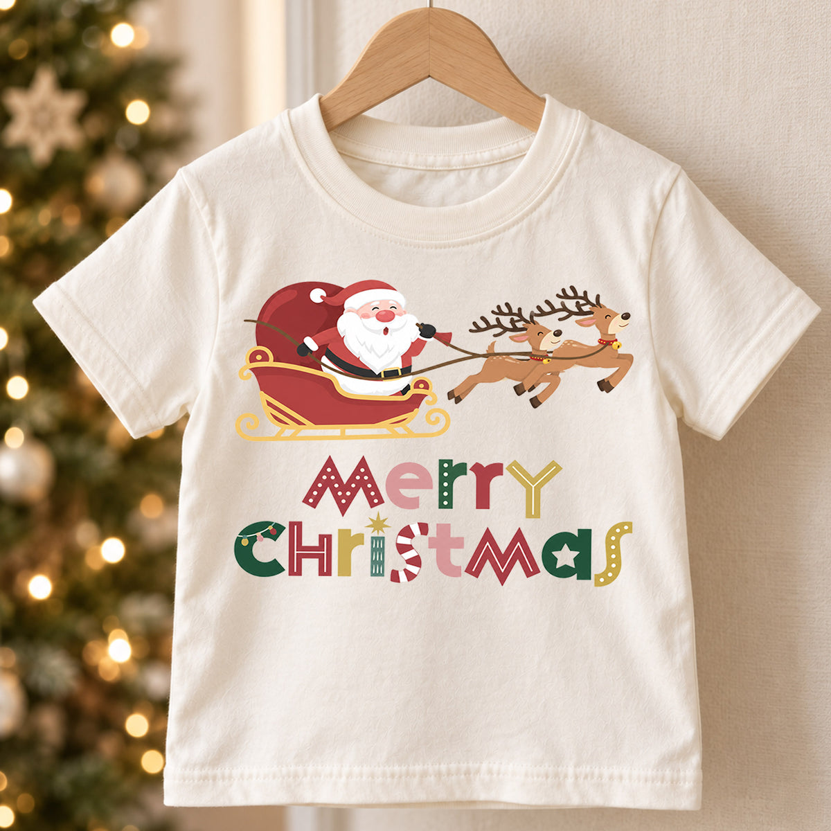 Santa Sleigh Kids Christmas Shirt, Reindeer Holiday T Shirt, Merry Christmas Tee for Children, Cute Festive Xmas Gift for Kids — product view 5