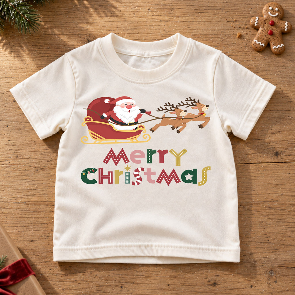 Santa Sleigh Kids Christmas Shirt, Reindeer Holiday T Shirt, Merry Christmas Tee for Children, Cute Festive Xmas Gift for Kids — product view 6