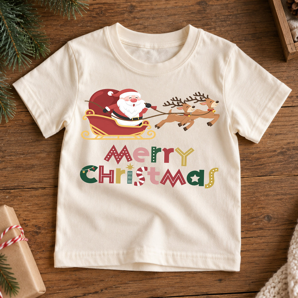 Santa Sleigh Kids Christmas Shirt, Reindeer Holiday T Shirt, Merry Christmas Tee for Children, Cute Festive Xmas Gift for Kids — product view 7