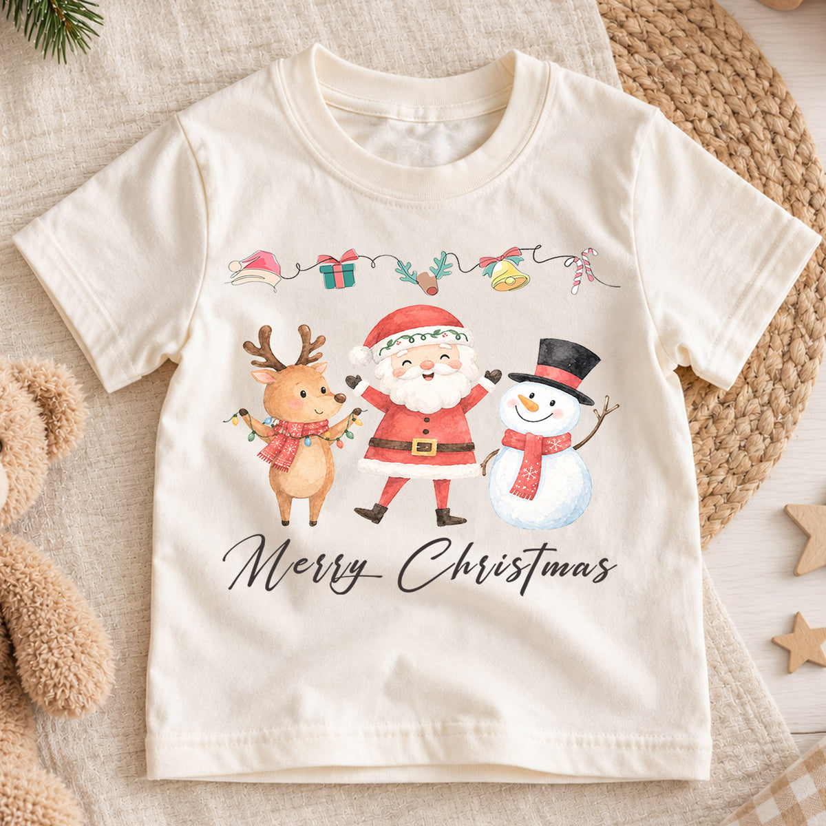 Merry Christmas Kids Shirt, Santa Reindeer Snowman Holiday Tee, Watercolor Christmas T Shirt, Cute Festive Gift for Children — product view 1