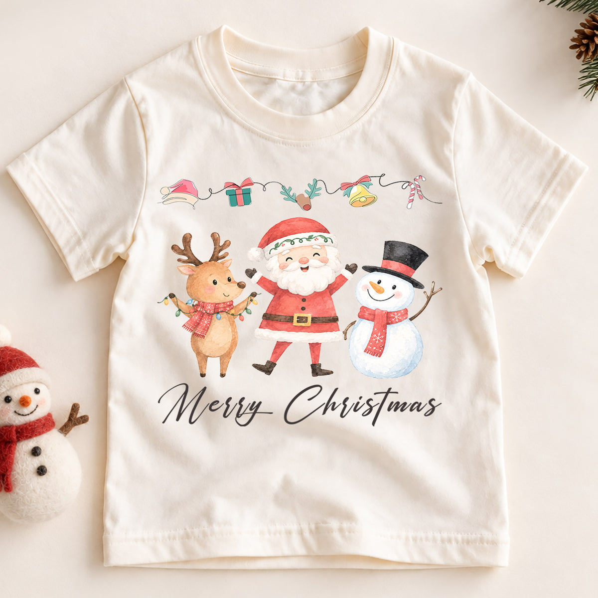 Merry Christmas Kids Shirt, Santa Reindeer Snowman Holiday Tee, Watercolor Christmas T Shirt, Cute Festive Gift for Children — product view 2