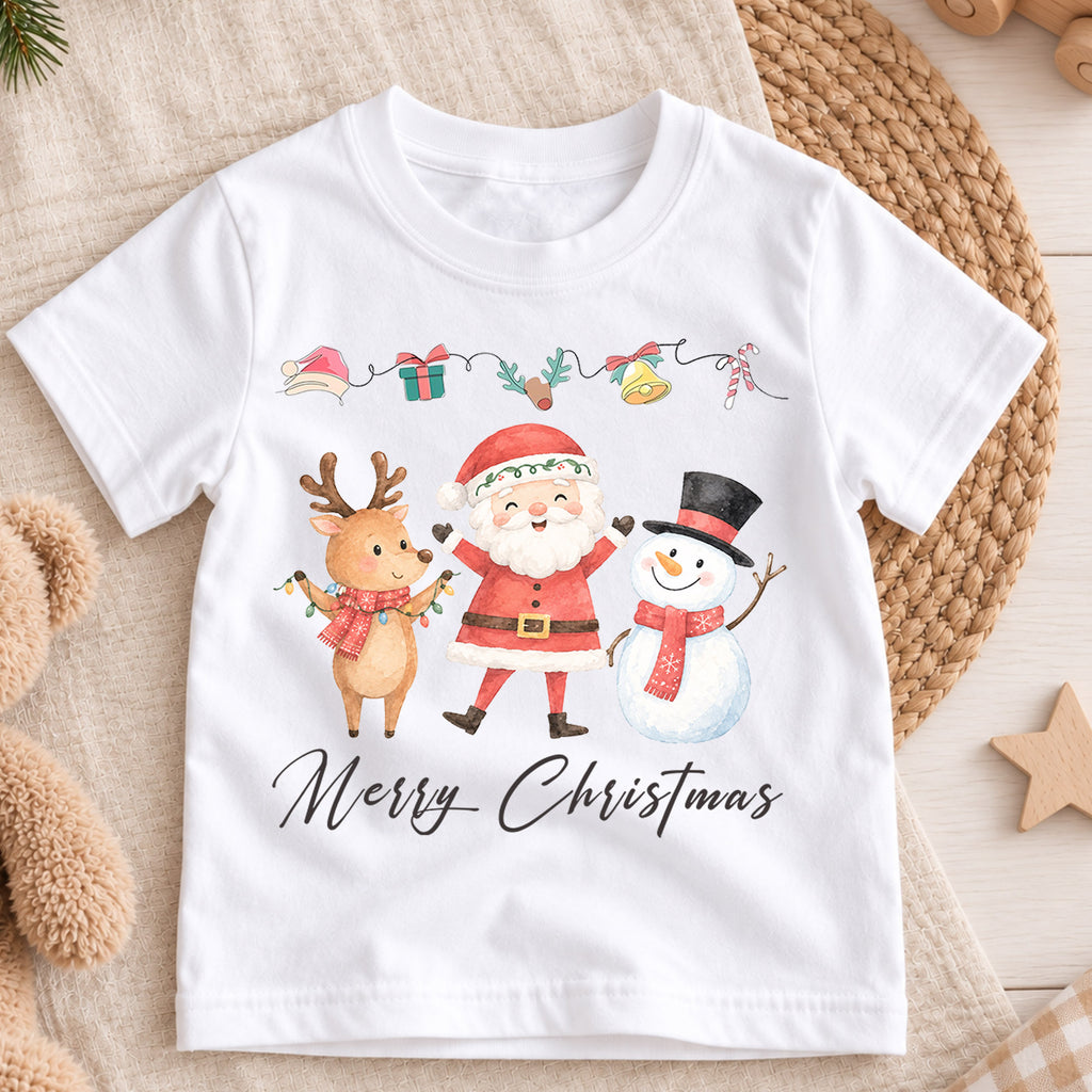 Merry Christmas Kids Shirt, Santa Reindeer Snowman Holiday Tee, Watercolor Christmas T Shirt, Cute Festive Gift for Children — product view 3