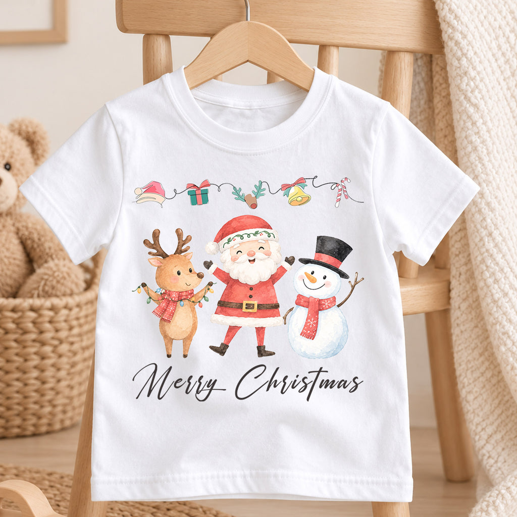 Merry Christmas Kids Shirt, Santa Reindeer Snowman Holiday Tee, Watercolor Christmas T Shirt, Cute Festive Gift for Children — product view 4