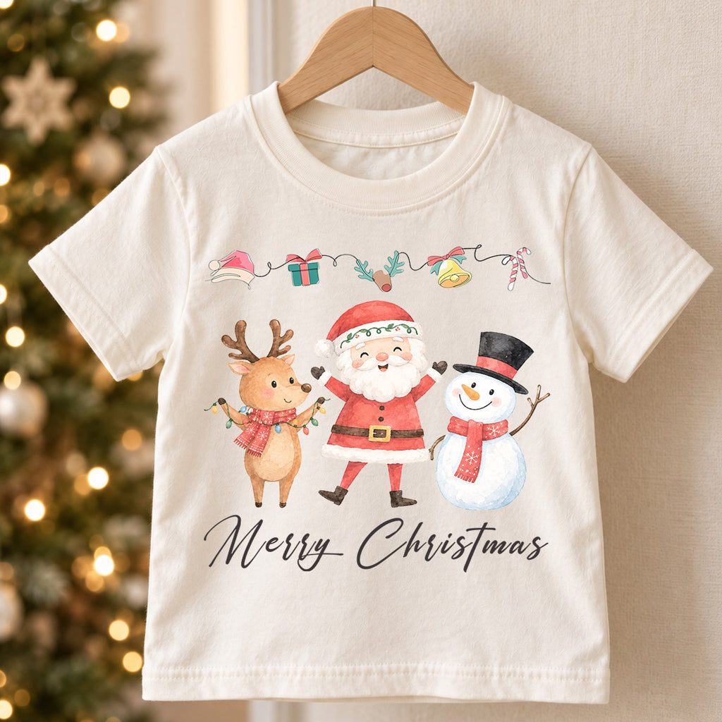 Merry Christmas Kids Shirt, Santa Reindeer Snowman Holiday Tee, Watercolor Christmas T Shirt, Cute Festive Gift for Children — product view 5
