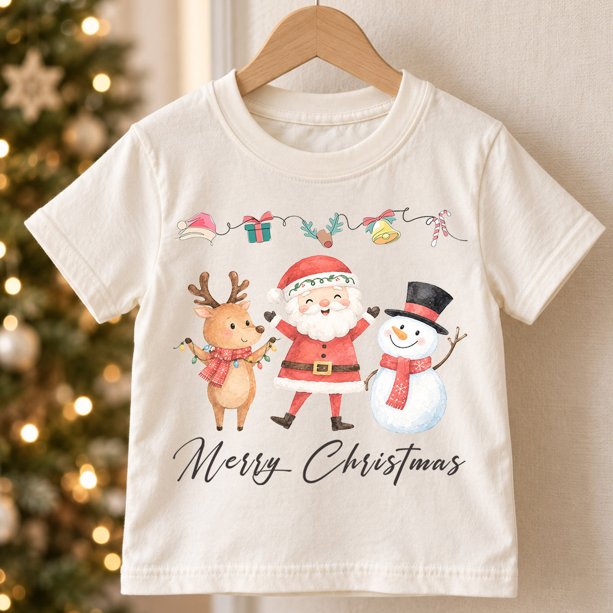 Merry Christmas Kids Shirt, Santa Reindeer Snowman Holiday Tee, Watercolor Christmas T Shirt, Cute Festive Gift for Children — product view 5
