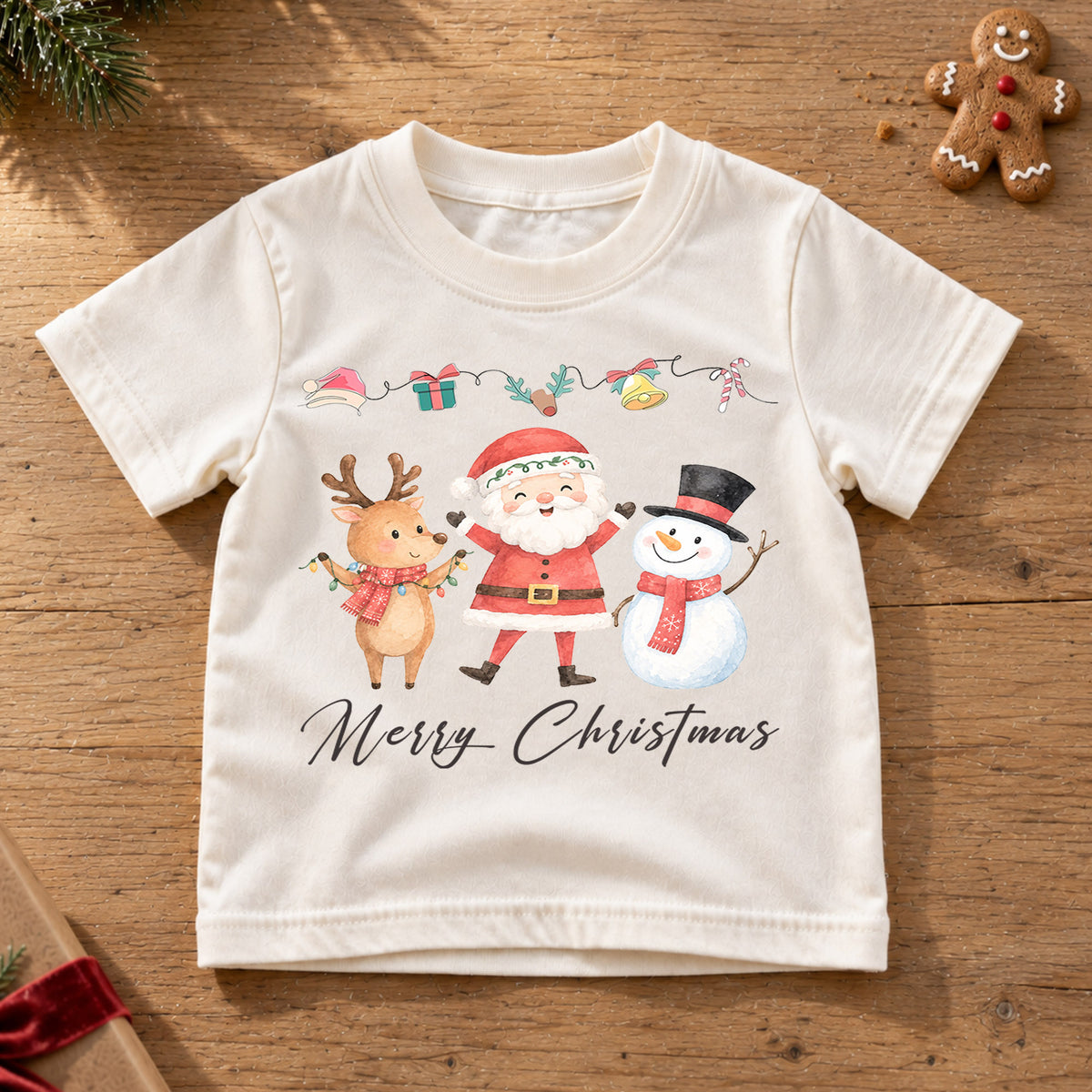 Merry Christmas Kids Shirt, Santa Reindeer Snowman Holiday Tee, Watercolor Christmas T Shirt, Cute Festive Gift for Children — product view 6