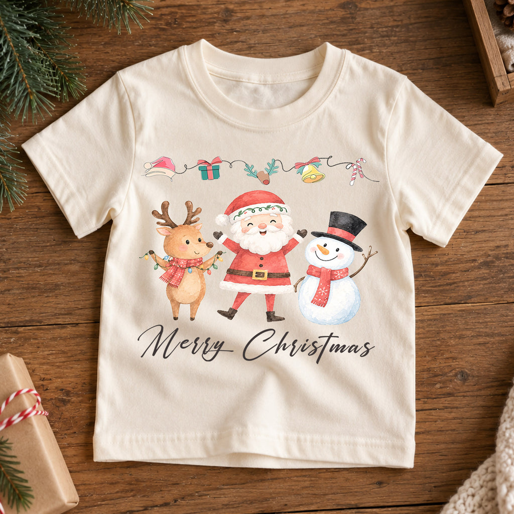 Merry Christmas Kids Shirt, Santa Reindeer Snowman Holiday Tee, Watercolor Christmas T Shirt, Cute Festive Gift for Children — product view 7