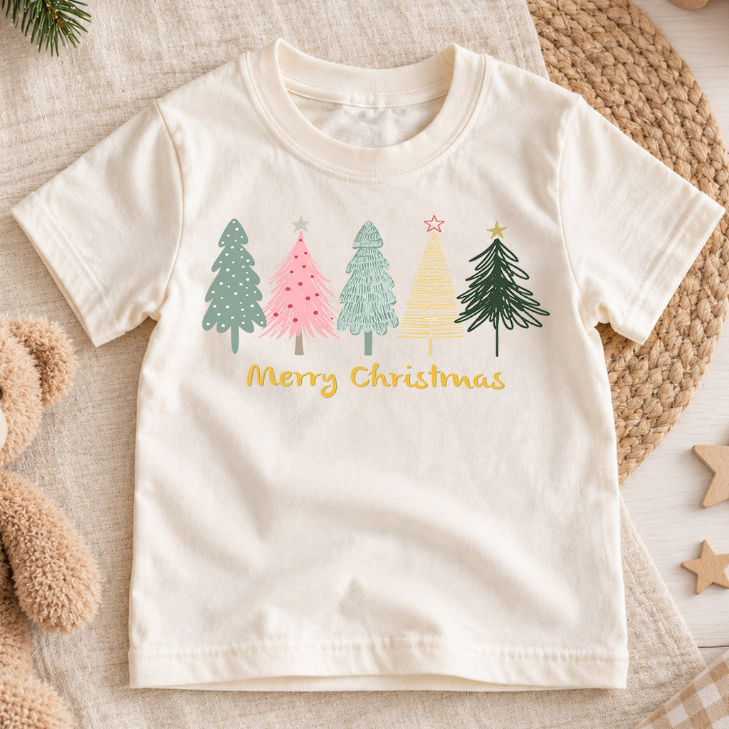 Merry Christmas Kids Shirt, Pastel Christmas Tree Holiday T Shirt, Minimal Retro Xmas Tee, Cute Festive Gift for Kids — product view 1