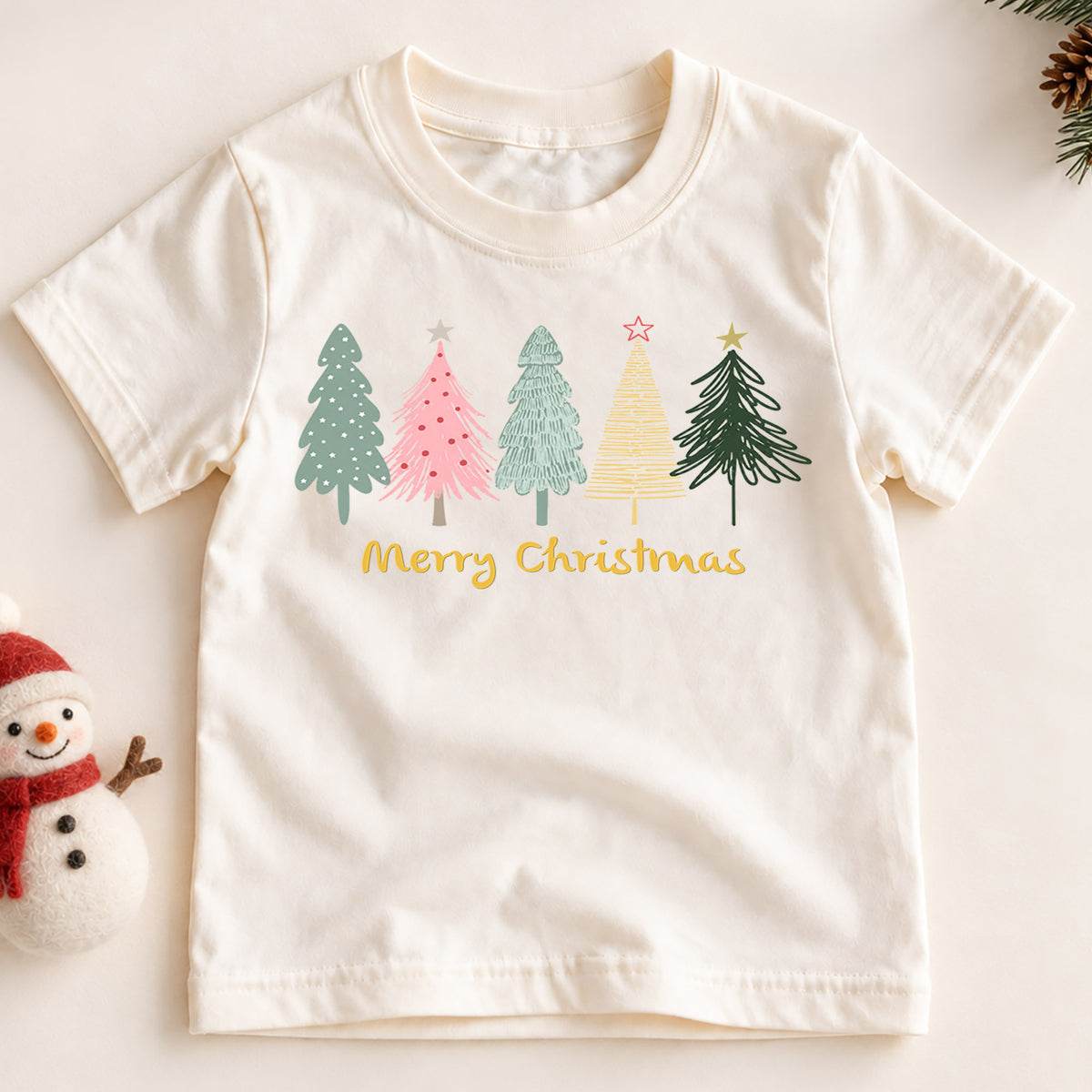 Merry Christmas Kids Shirt, Pastel Christmas Tree Holiday T Shirt, Minimal Retro Xmas Tee, Cute Festive Gift for Kids — product view 2