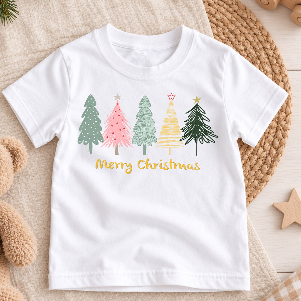 Merry Christmas Kids Shirt, Pastel Christmas Tree Holiday T Shirt, Minimal Retro Xmas Tee, Cute Festive Gift for Kids — product view 3