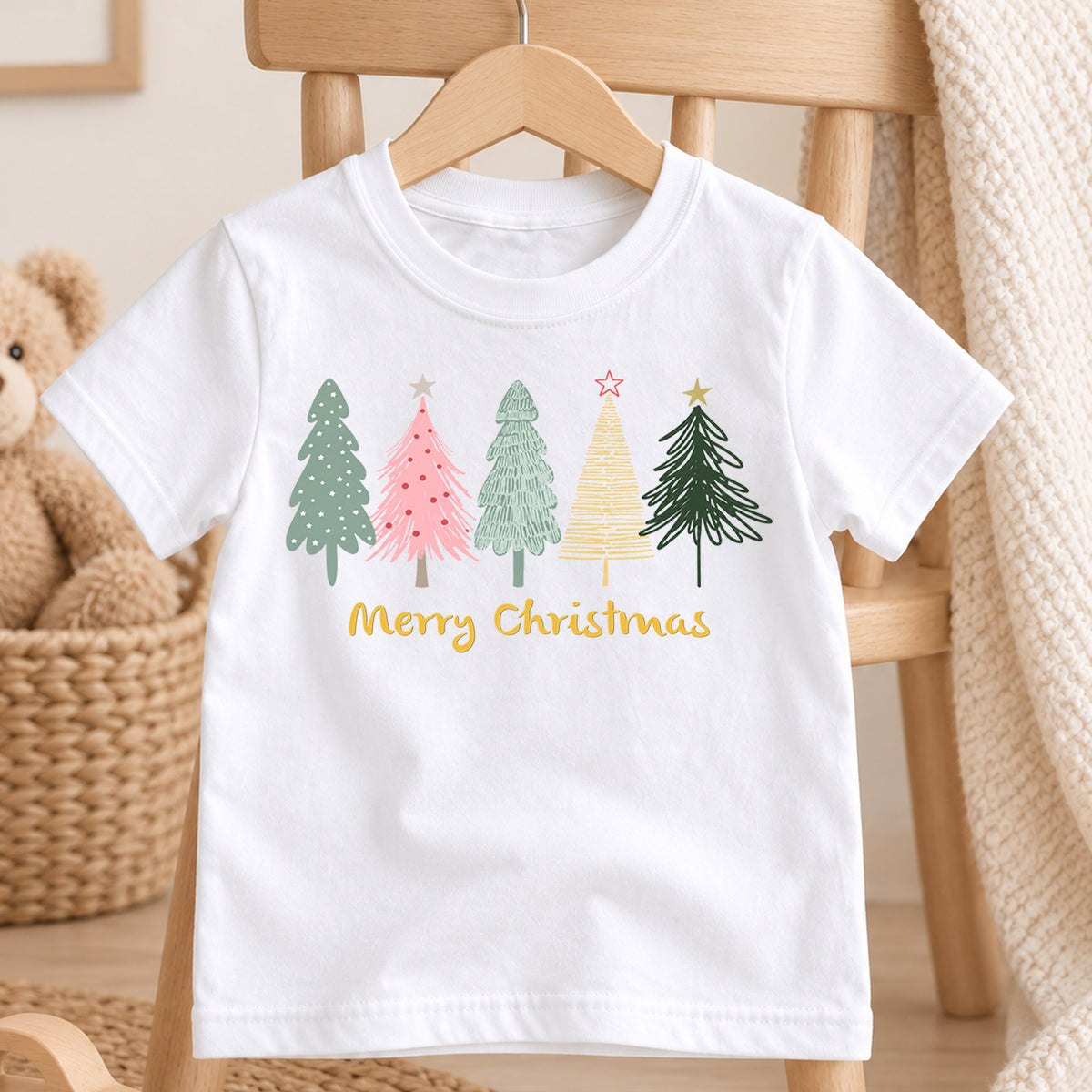 Merry Christmas Kids Shirt, Pastel Christmas Tree Holiday T Shirt, Minimal Retro Xmas Tee, Cute Festive Gift for Kids — product view 4