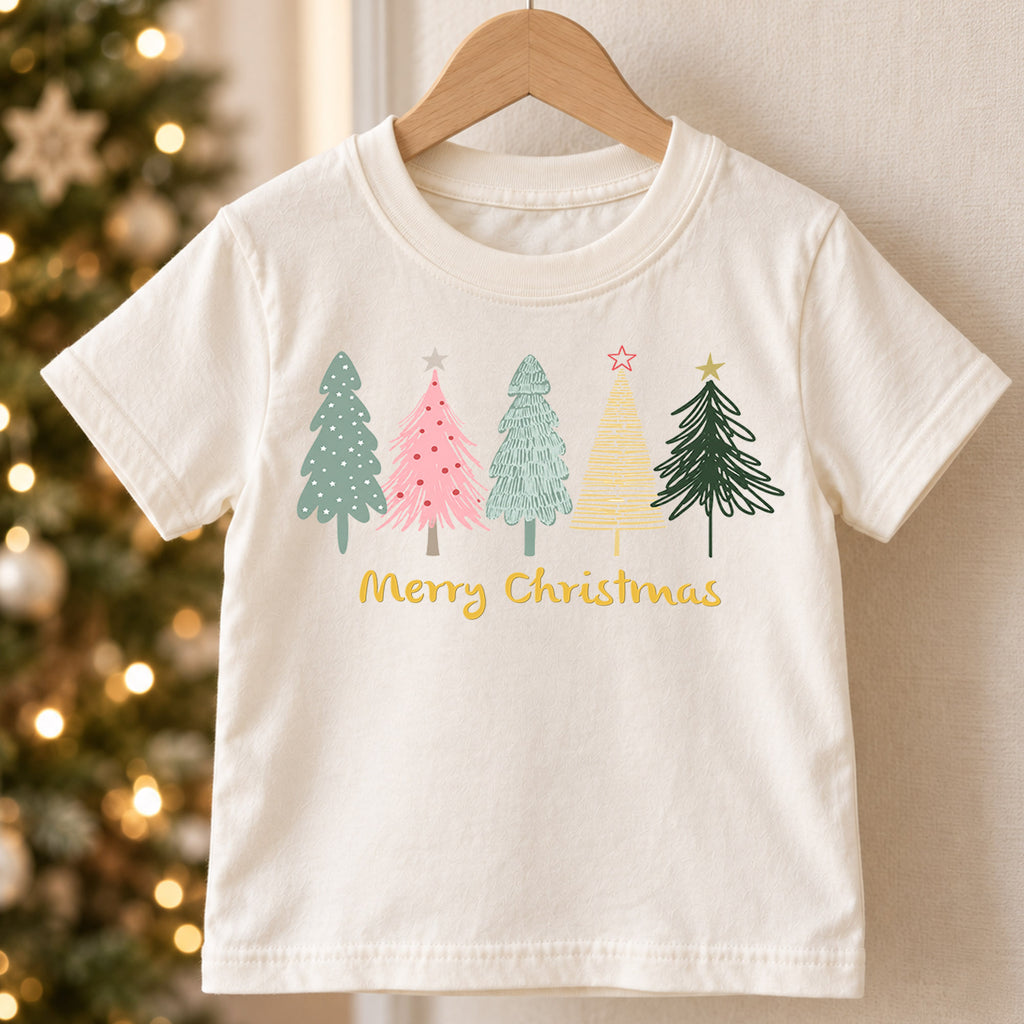 Merry Christmas Kids Shirt, Pastel Christmas Tree Holiday T Shirt, Minimal Retro Xmas Tee, Cute Festive Gift for Kids — product view 5