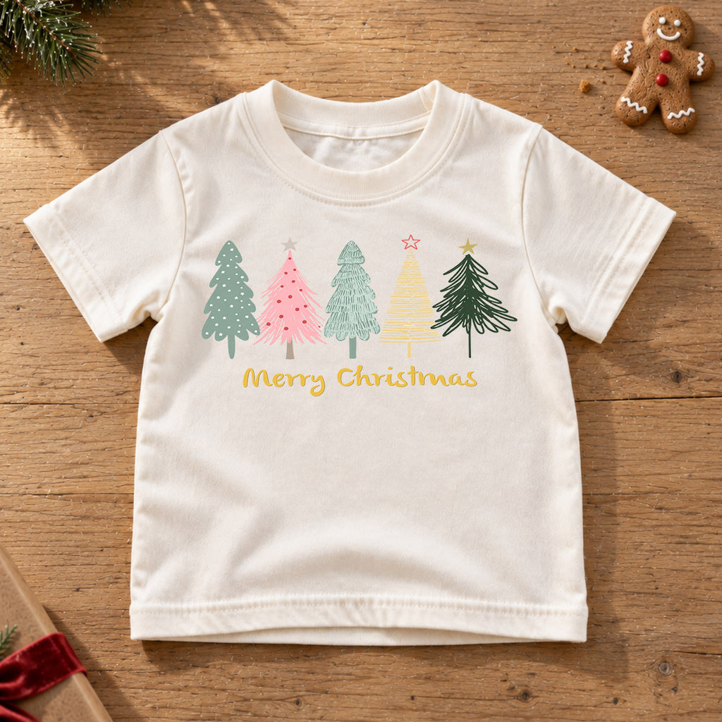 Merry Christmas Kids Shirt, Pastel Christmas Tree Holiday T Shirt, Minimal Retro Xmas Tee, Cute Festive Gift for Kids — product view 6