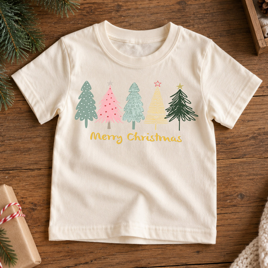 Merry Christmas Kids Shirt, Pastel Christmas Tree Holiday T Shirt, Minimal Retro Xmas Tee, Cute Festive Gift for Kids — product view 7