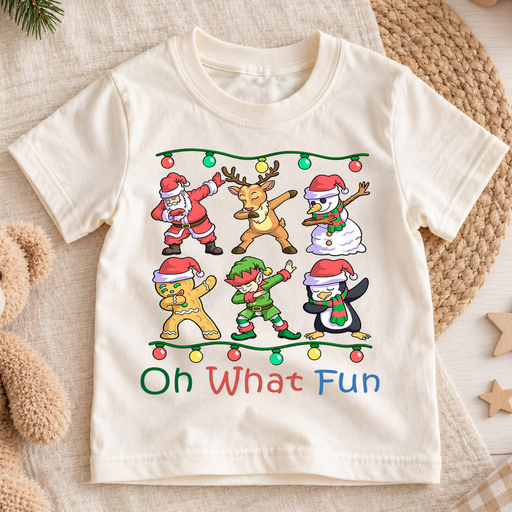 Oh What Fun Kids Christmas Shirt, Santa Reindeer Elf Holiday Tee, Funny Dabbing Xmas T Shirt, Festive Gift for Kids — product view 1