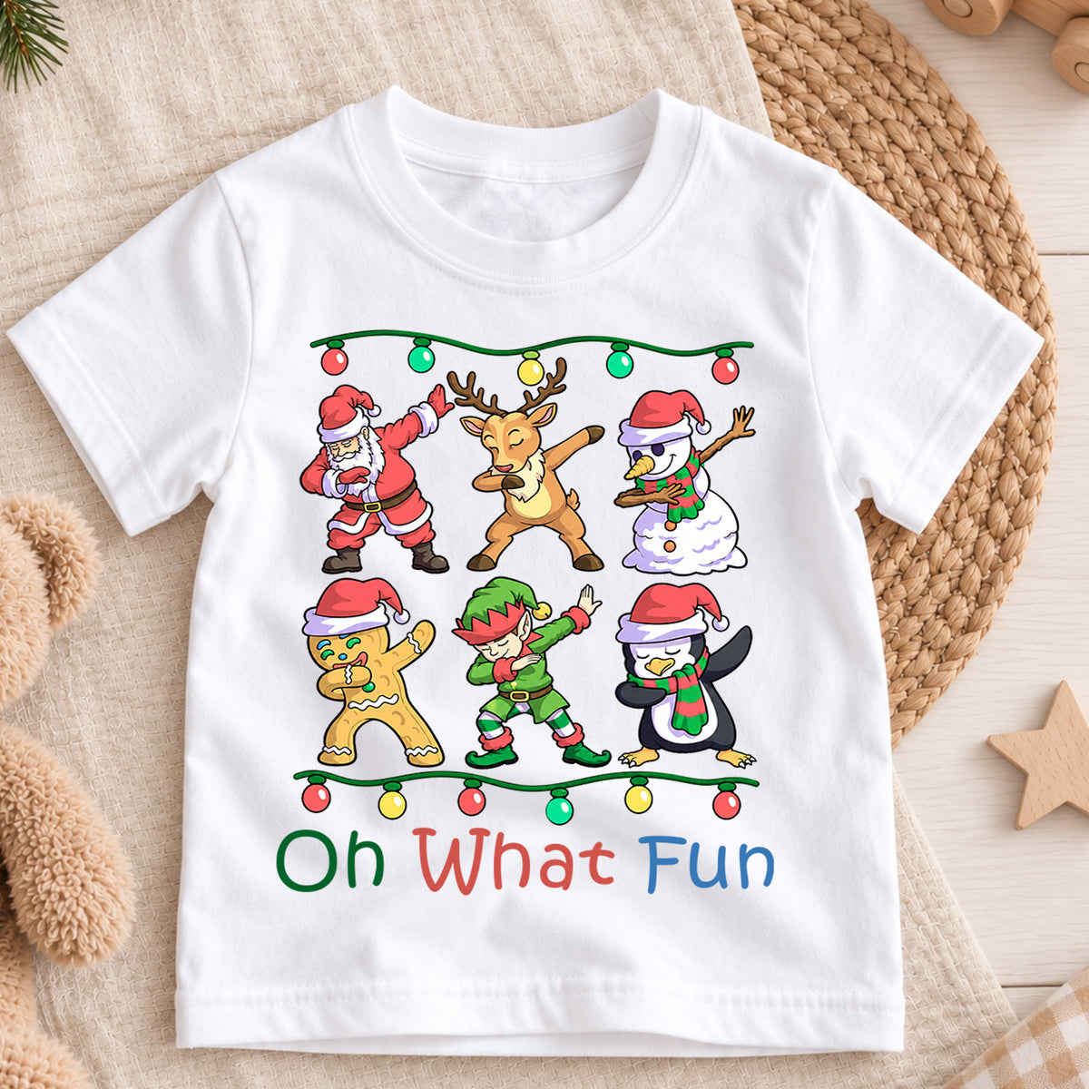 Oh What Fun Kids Christmas Shirt, Santa Reindeer Elf Holiday Tee, Funny Dabbing Xmas T Shirt, Festive Gift for Kids — product view 3