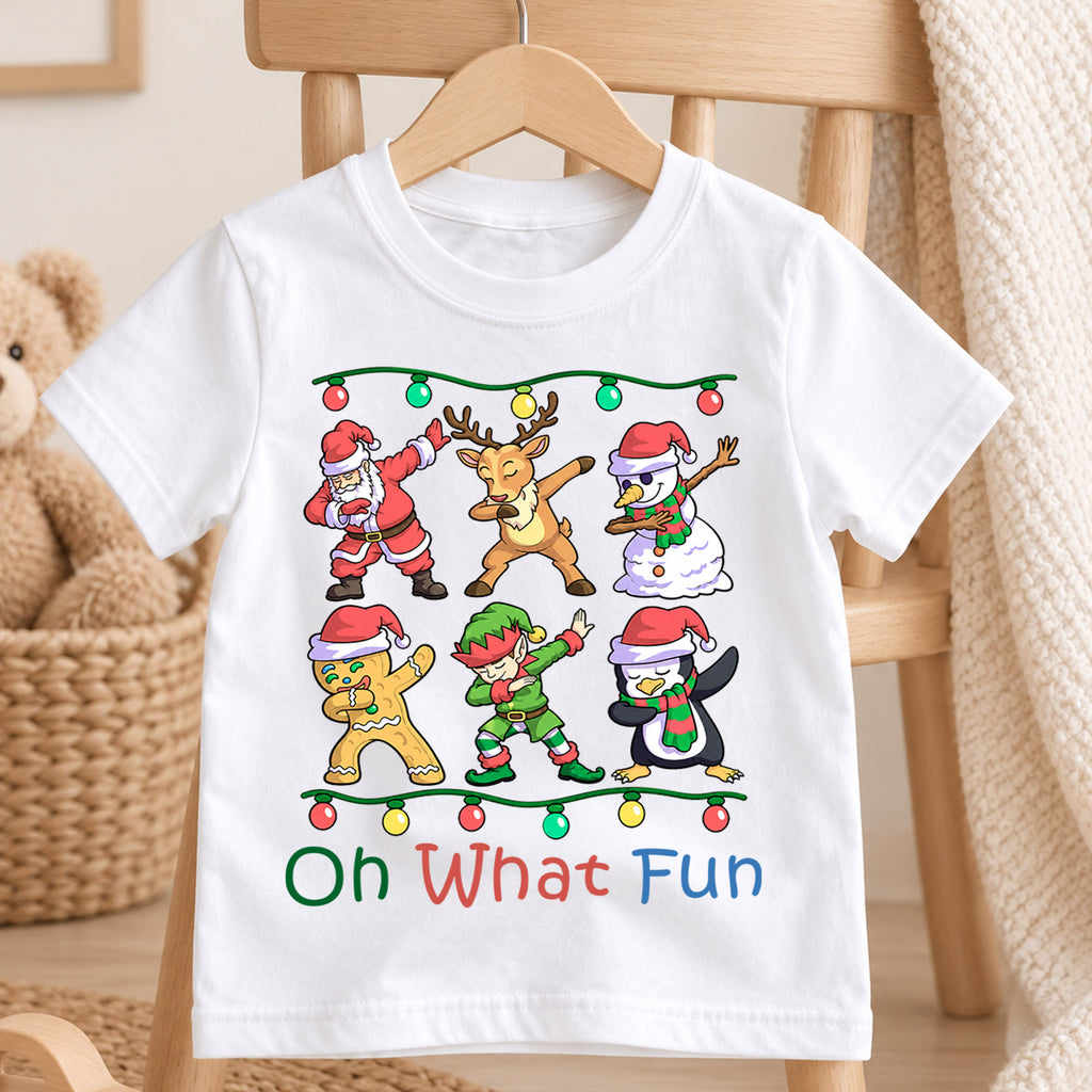 Oh What Fun Kids Christmas Shirt, Santa Reindeer Elf Holiday Tee, Funny Dabbing Xmas T Shirt, Festive Gift for Kids — product view 4