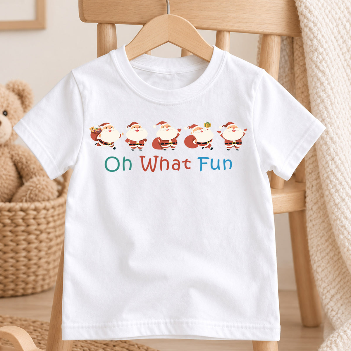 Oh What Fun Santa Kids Shirt, Cute Santa Claus Christmas T Shirt, Minimal Holiday Tee, Festive Xmas Gift for Children — product view 4