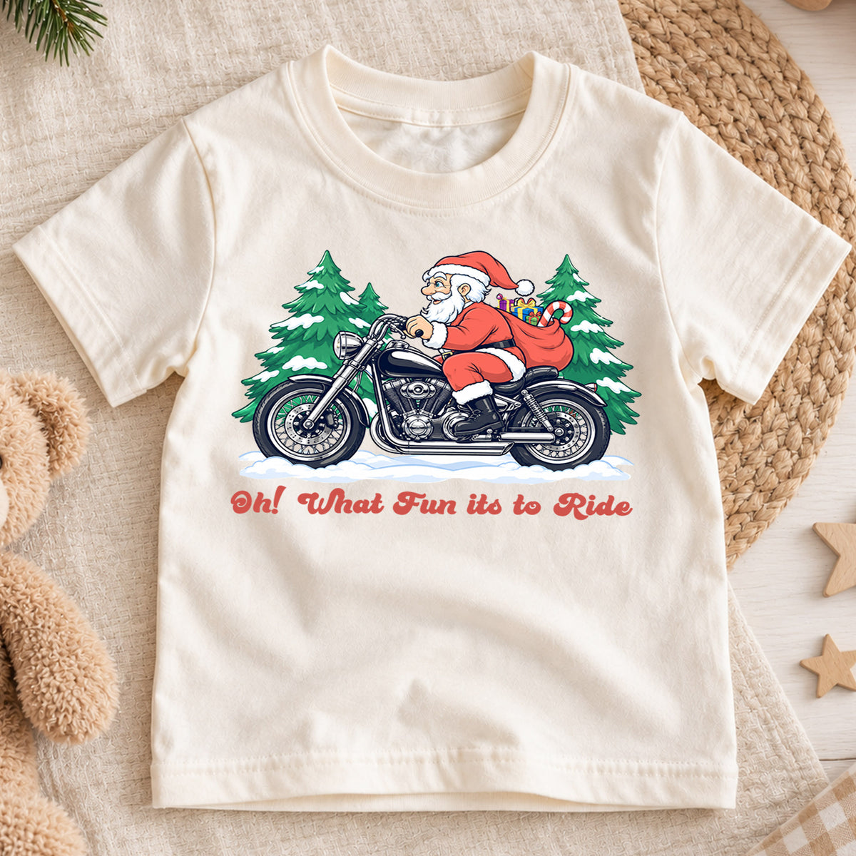 Santa Motorcycle Christmas Kids Shirt, Oh What Fun to Ride Tee, Biker Santa Holiday Shirt for Kids, Funny Christmas Gift for Little Riders — product view 1
