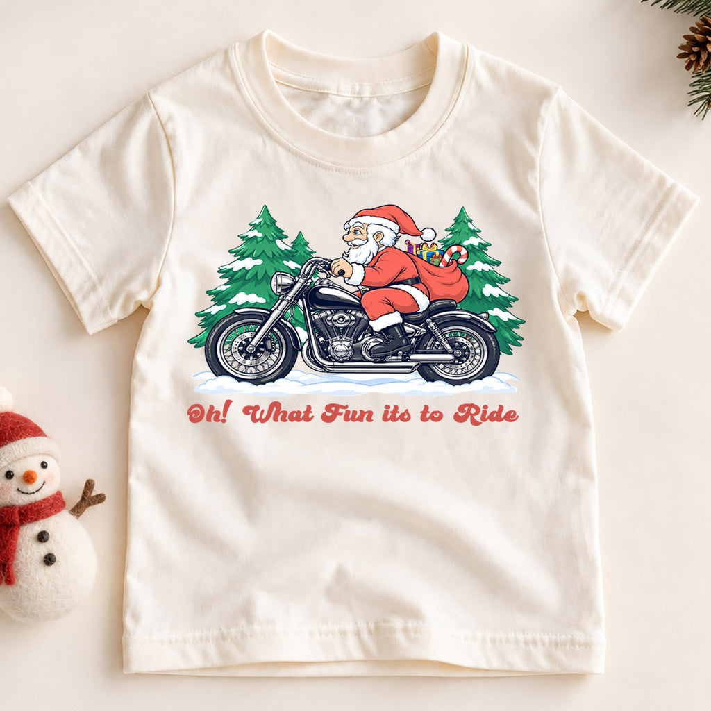 Santa Motorcycle Christmas Kids Shirt, Oh What Fun to Ride Tee, Biker Santa Holiday Shirt for Kids, Funny Christmas Gift for Little Riders — product view 2