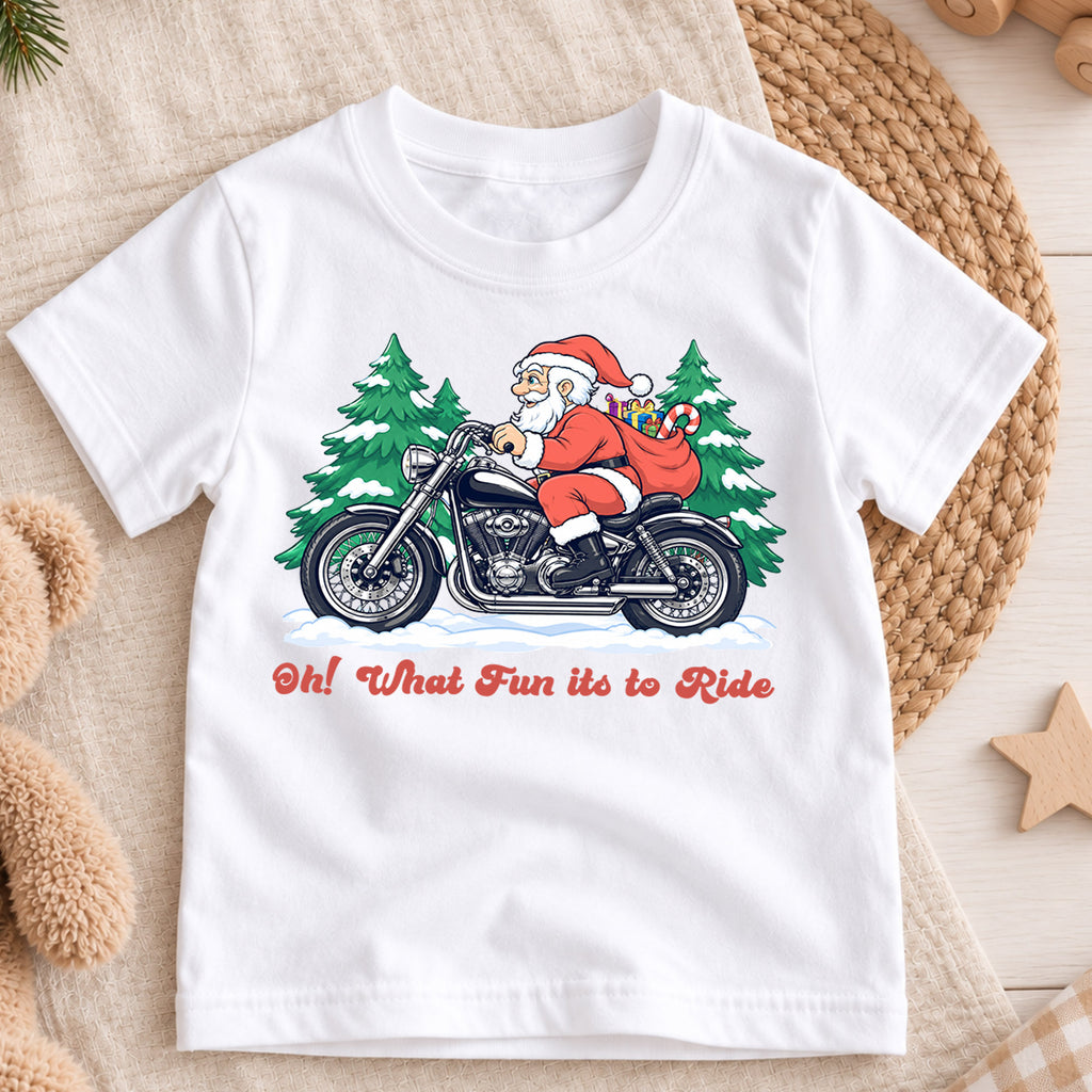 Santa Motorcycle Christmas Kids Shirt, Oh What Fun to Ride Tee, Biker Santa Holiday Shirt for Kids, Funny Christmas Gift for Little Riders — product view 3
