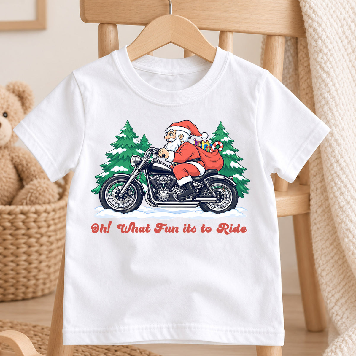 Santa Motorcycle Christmas Kids Shirt, Oh What Fun to Ride Tee, Biker Santa Holiday Shirt for Kids, Funny Christmas Gift for Little Riders — product view 4