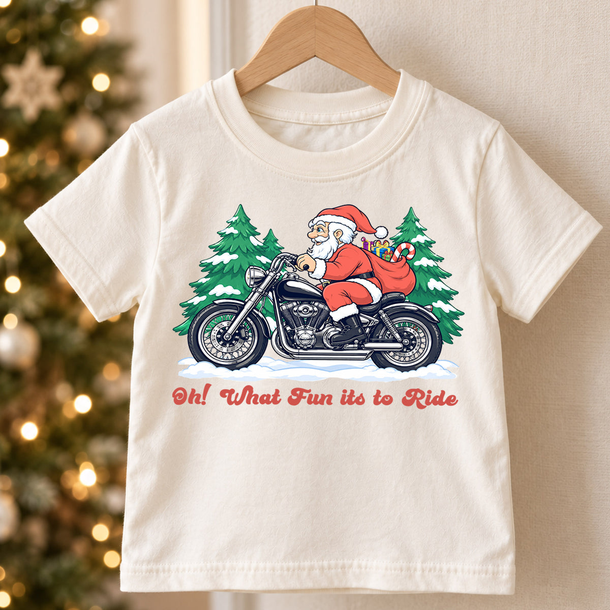 Santa Motorcycle Christmas Kids Shirt, Oh What Fun to Ride Tee, Biker Santa Holiday Shirt for Kids, Funny Christmas Gift for Little Riders — product view 5
