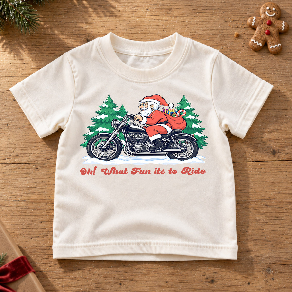 Santa Motorcycle Christmas Kids Shirt, Oh What Fun to Ride Tee, Biker Santa Holiday Shirt for Kids, Funny Christmas Gift for Little Riders — product view 6
