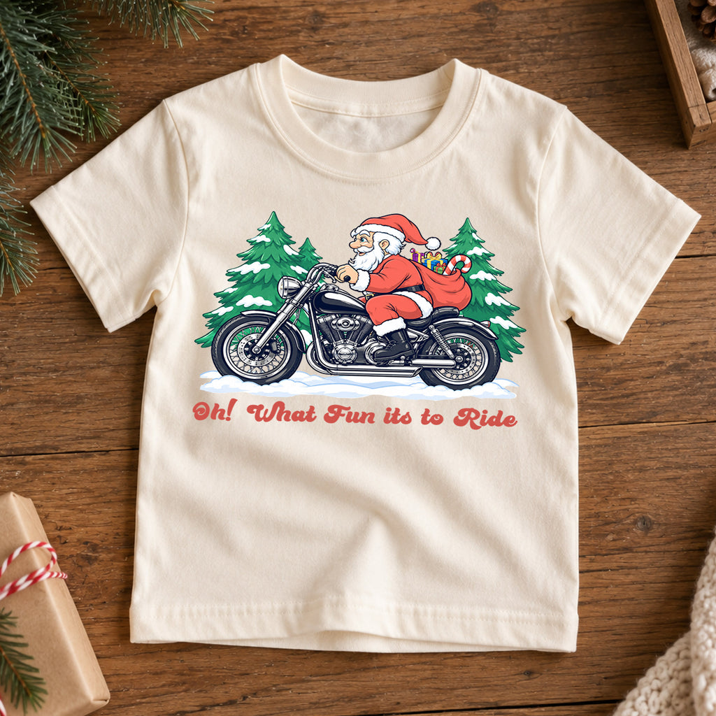 Santa Motorcycle Christmas Kids Shirt, Oh What Fun to Ride Tee, Biker Santa Holiday Shirt for Kids, Funny Christmas Gift for Little Riders — product view 7