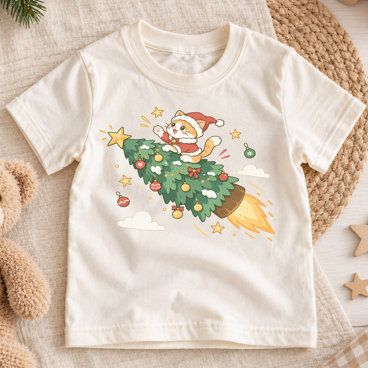 Christmas Cat Kids Shirt, Cat Riding Christmas Tree Rocket Tee, Funny Holiday Kitty T Shirt, Cute Xmas Gift for Cat Lovers — product view 1
