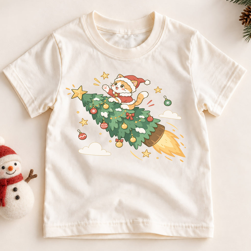 Christmas Cat Kids Shirt, Cat Riding Christmas Tree Rocket Tee, Funny Holiday Kitty T Shirt, Cute Xmas Gift for Cat Lovers — product view 2