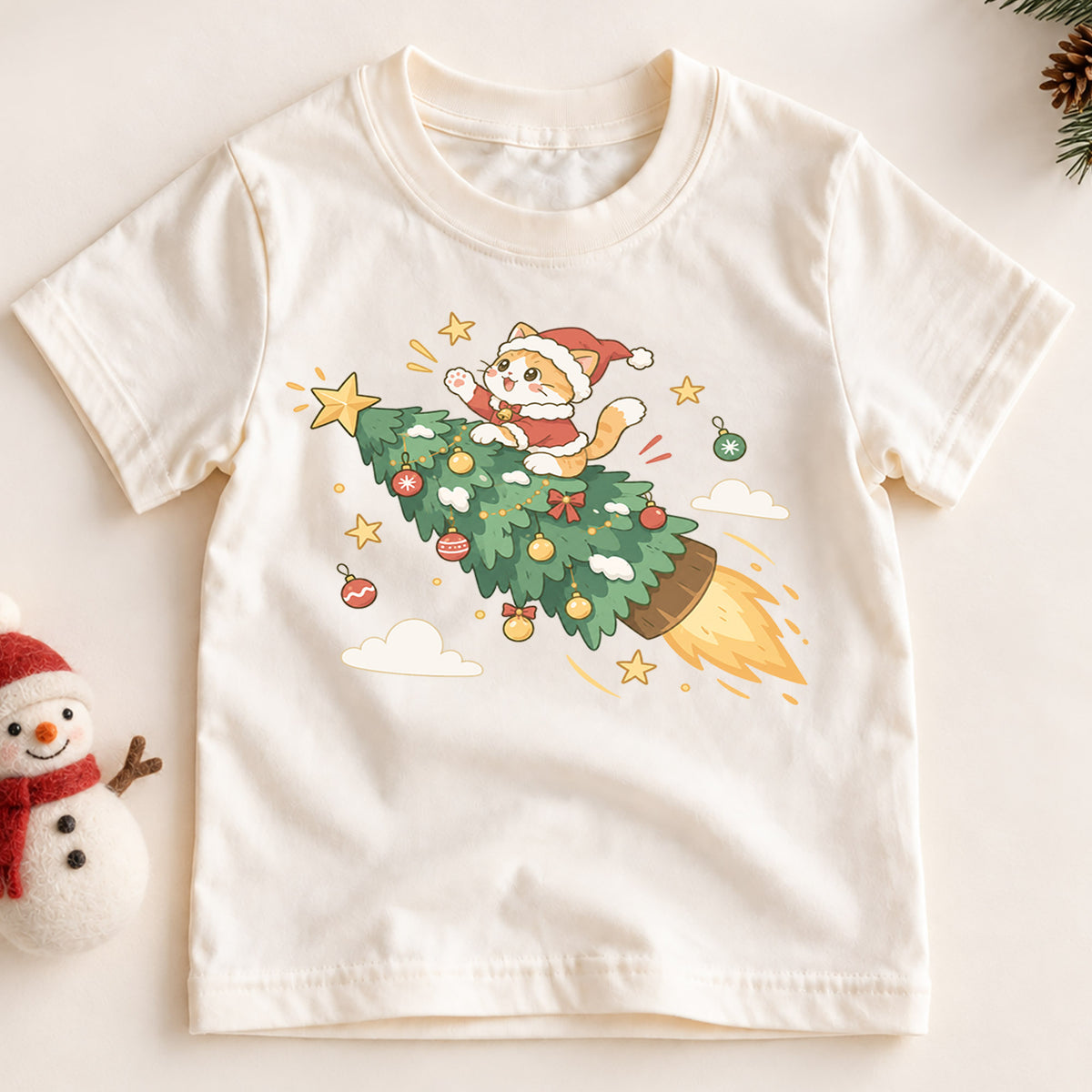 Christmas Cat Kids Shirt, Cat Riding Christmas Tree Rocket Tee, Funny Holiday Kitty T Shirt, Cute Xmas Gift for Cat Lovers — product view 2