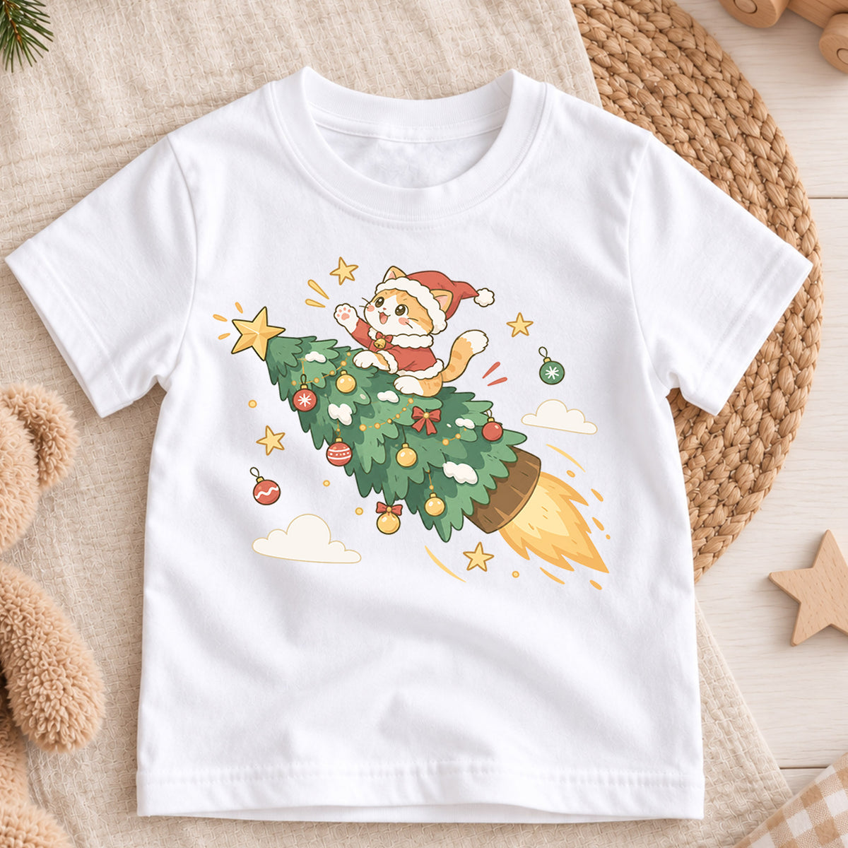 Christmas Cat Kids Shirt, Cat Riding Christmas Tree Rocket Tee, Funny Holiday Kitty T Shirt, Cute Xmas Gift for Cat Lovers — product view 3