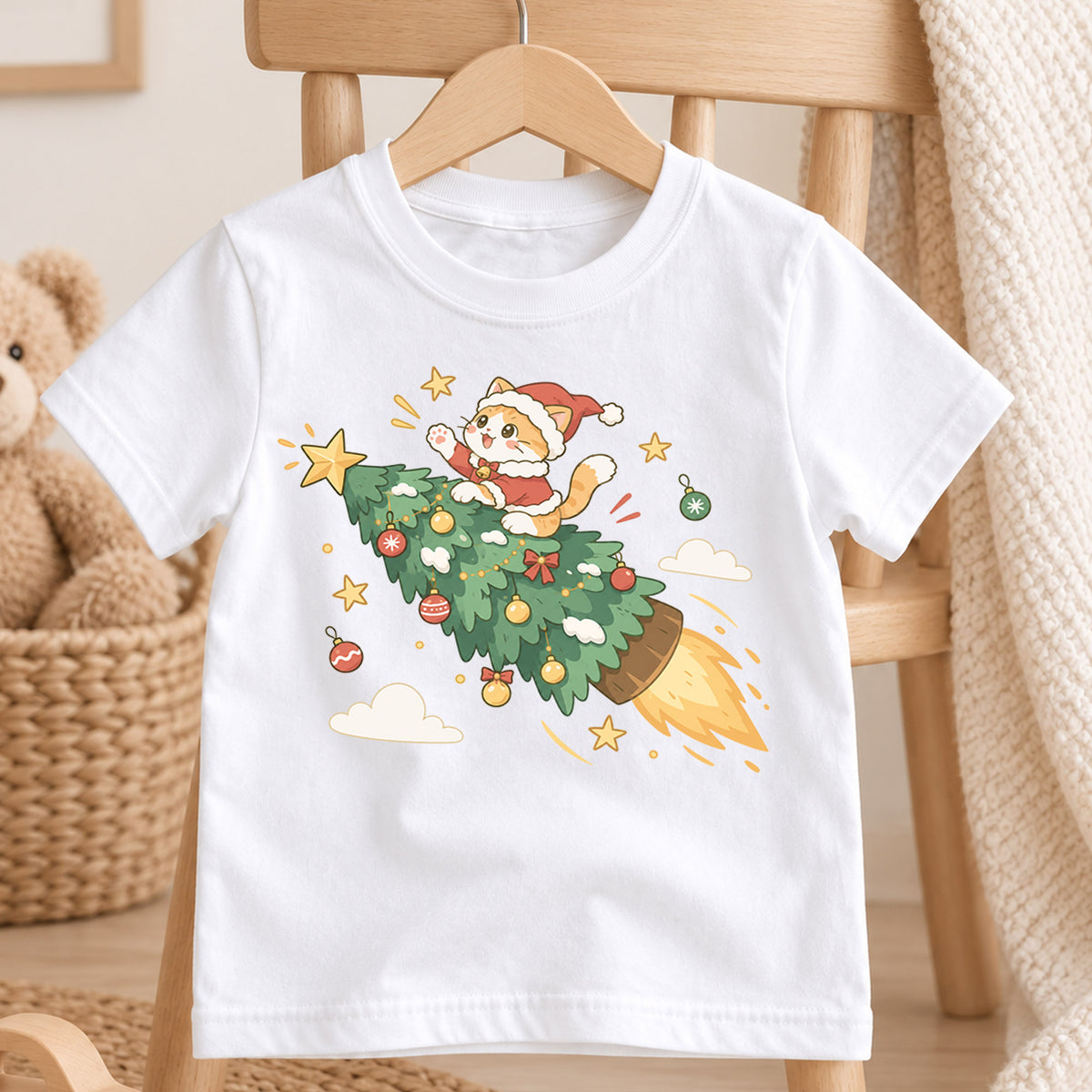 Christmas Cat Kids Shirt, Cat Riding Christmas Tree Rocket Tee, Funny Holiday Kitty T Shirt, Cute Xmas Gift for Cat Lovers — product view 4