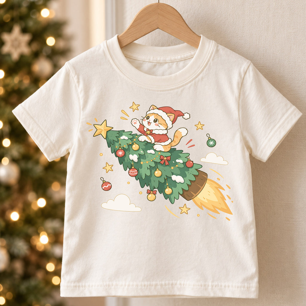 Christmas Cat Kids Shirt, Cat Riding Christmas Tree Rocket Tee, Funny Holiday Kitty T Shirt, Cute Xmas Gift for Cat Lovers — product view 5
