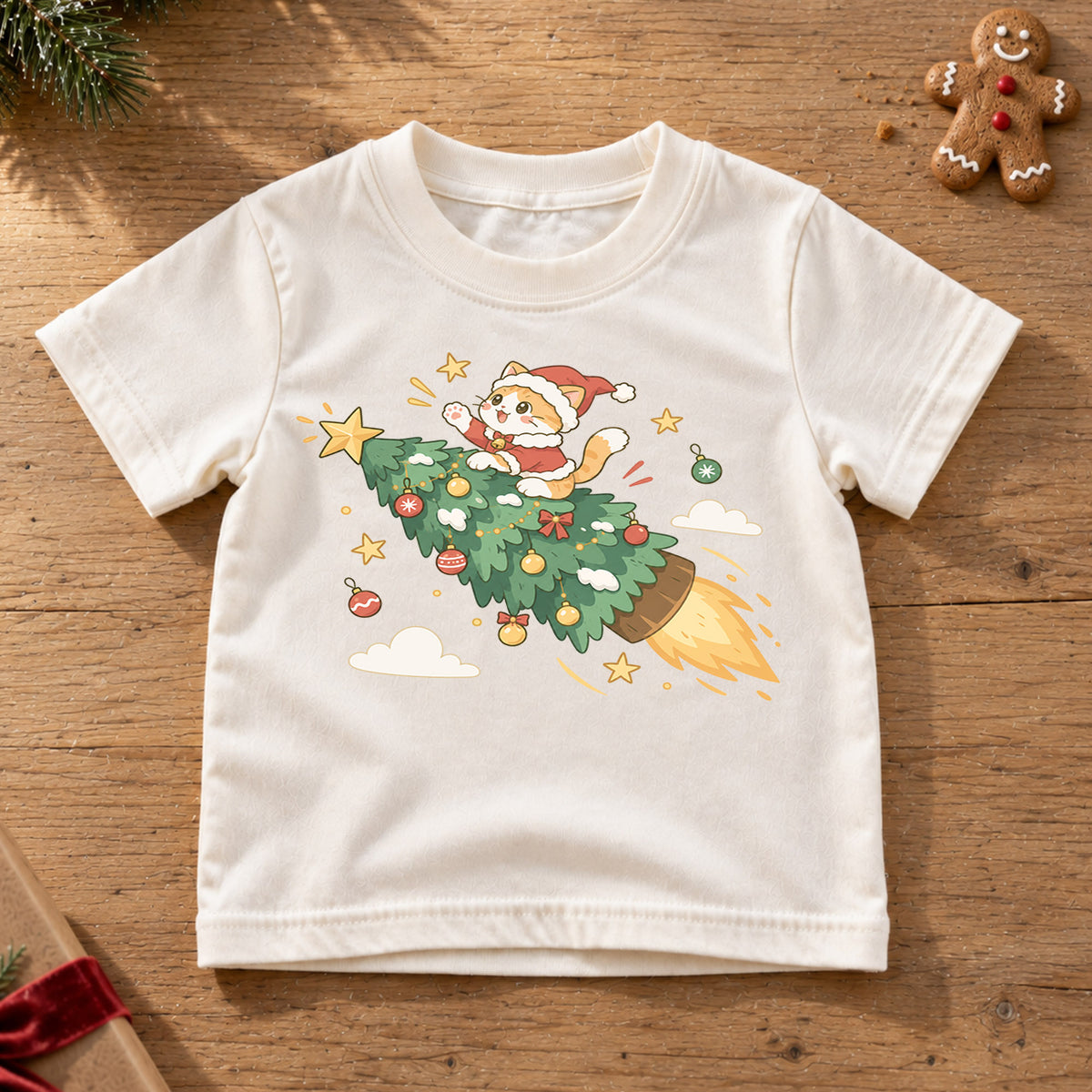 Christmas Cat Kids Shirt, Cat Riding Christmas Tree Rocket Tee, Funny Holiday Kitty T Shirt, Cute Xmas Gift for Cat Lovers — product view 6