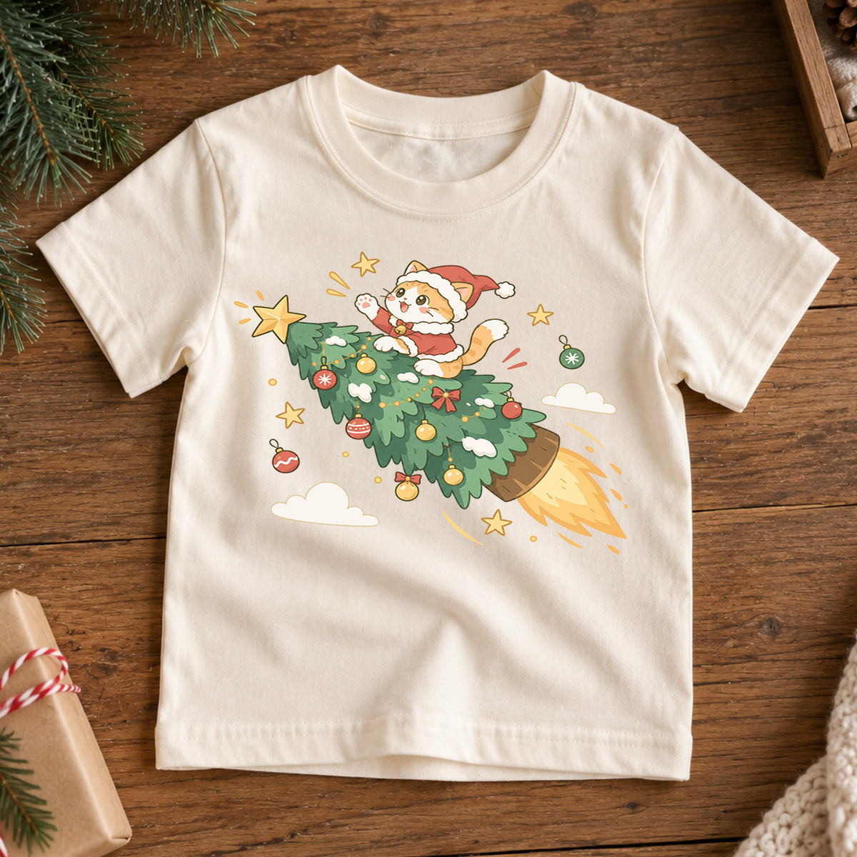 Christmas Cat Kids Shirt, Cat Riding Christmas Tree Rocket Tee, Funny Holiday Kitty T Shirt, Cute Xmas Gift for Cat Lovers — product view 7