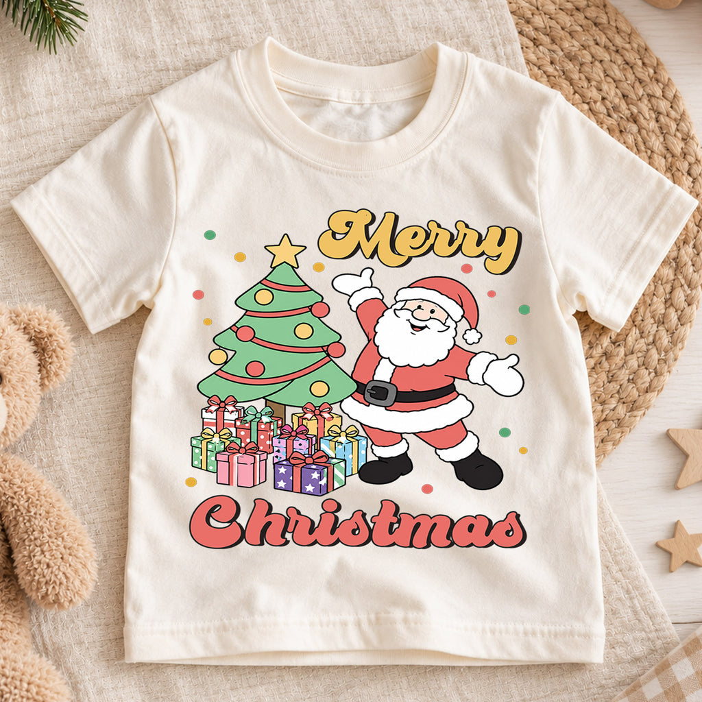 Merry Christmas Santa Kids Shirt, Christmas Tree and Presents Holiday Tee, Retro Santa Xmas T Shirt, Festive Gift for Kids — product view 1