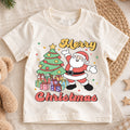 Merry Christmas Santa Kids Shirt, Christmas Tree and Presents Holiday Tee, Retro Santa Xmas T Shirt, Festive Gift for Kids — product view 1