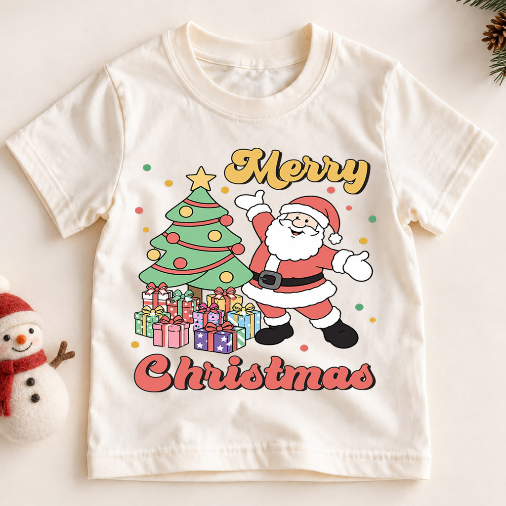 Merry Christmas Santa Kids Shirt, Christmas Tree and Presents Holiday Tee, Retro Santa Xmas T Shirt, Festive Gift for Kids — product view 2